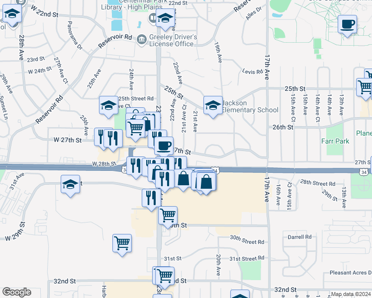 map of restaurants, bars, coffee shops, grocery stores, and more near 2644 21st Avenue Court in Greeley