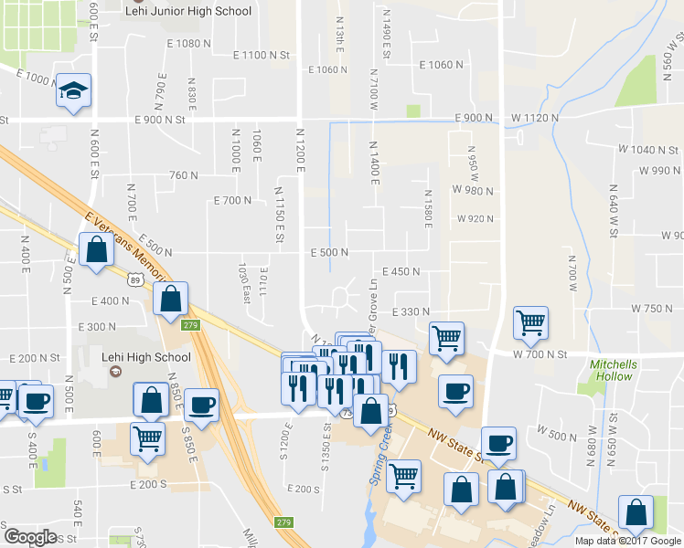 map of restaurants, bars, coffee shops, grocery stores, and more near 422 North 1322 East in Lehi