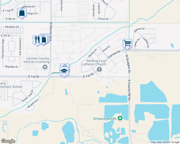 map of restaurants, bars, coffee shops, grocery stores, and more near 109 Carina Circle in Loveland
