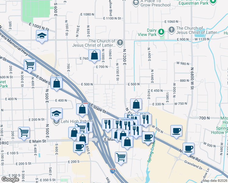 map of restaurants, bars, coffee shops, grocery stores, and more near 1188 East 500 North in Lehi