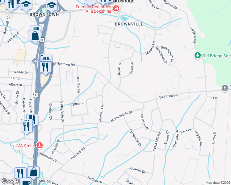 map of restaurants, bars, coffee shops, grocery stores, and more near 230 Ticetown Road in Old Bridge