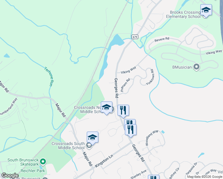map of restaurants, bars, coffee shops, grocery stores, and more near 681 Georges Road in South Brunswick Township