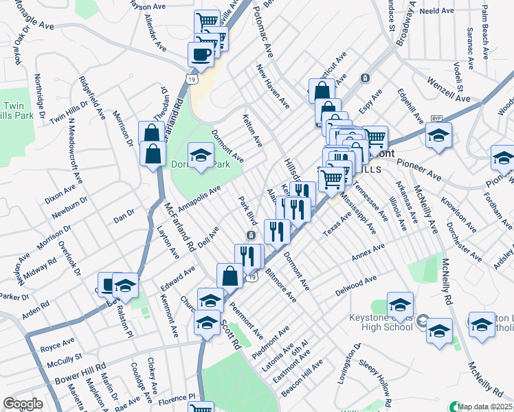 map of restaurants, bars, coffee shops, grocery stores, and more near in Dormont