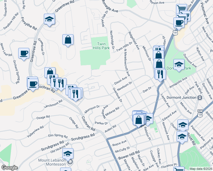 map of restaurants, bars, coffee shops, grocery stores, and more near 636 Robinwood Drive in Pittsburgh