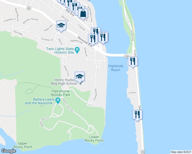 map of restaurants, bars, coffee shops, grocery stores, and more near 82 Portland Road in Highlands