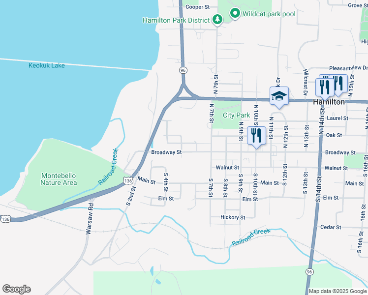 map of restaurants, bars, coffee shops, grocery stores, and more near 511 Broadway Street in Hamilton