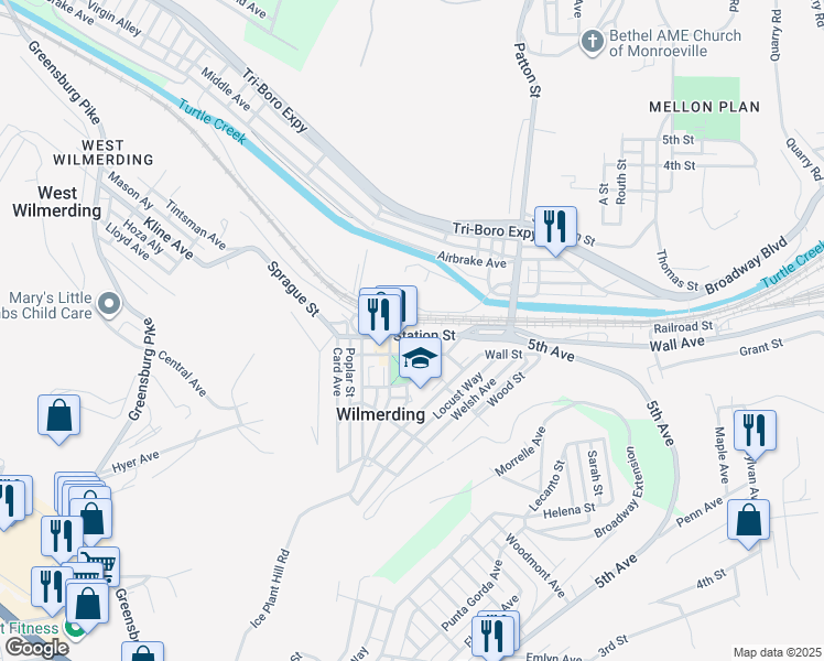 map of restaurants, bars, coffee shops, grocery stores, and more near 354 Station Street in Wilmerding