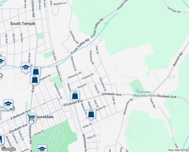 map of restaurants, bars, coffee shops, grocery stores, and more near 3520 Chestnut Street in Laureldale