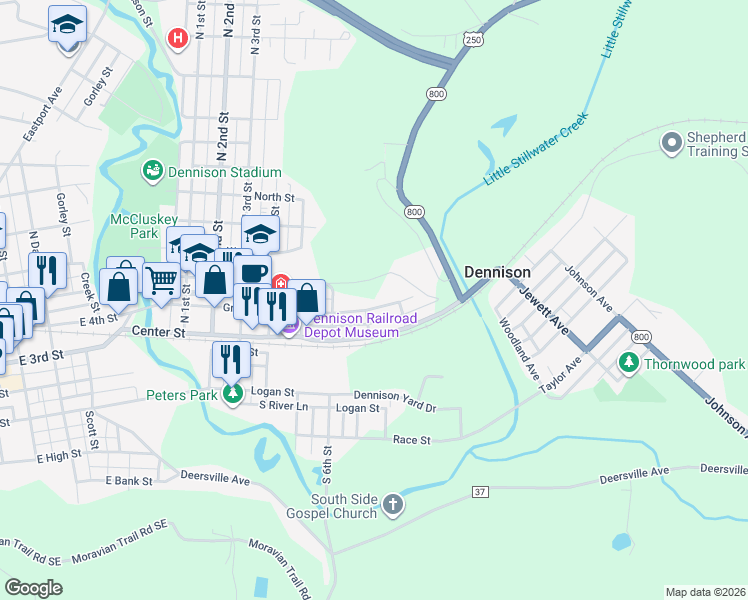 map of restaurants, bars, coffee shops, grocery stores, and more near 705 Grant St in Dennison