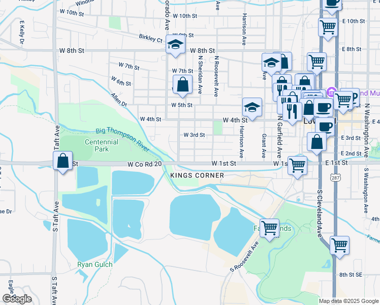 map of restaurants, bars, coffee shops, grocery stores, and more near 620 West 2nd Street in Loveland