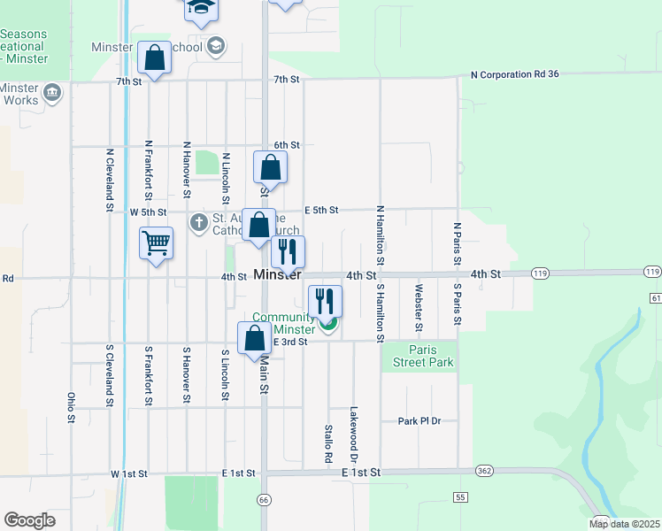 map of restaurants, bars, coffee shops, grocery stores, and more near 15 S Jefferson St in Minster