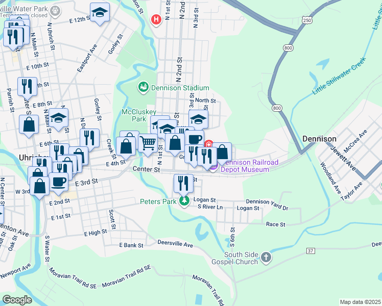 map of restaurants, bars, coffee shops, grocery stores, and more near 217 Grant Street in Dennison