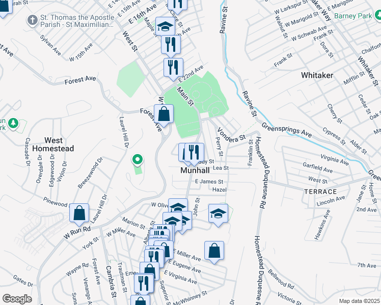 map of restaurants, bars, coffee shops, grocery stores, and more near 2514 Main St in Munhall