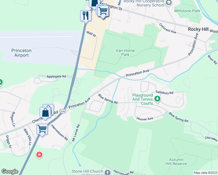 map of restaurants, bars, coffee shops, grocery stores, and more near 402 Blue Spring Road in Princeton