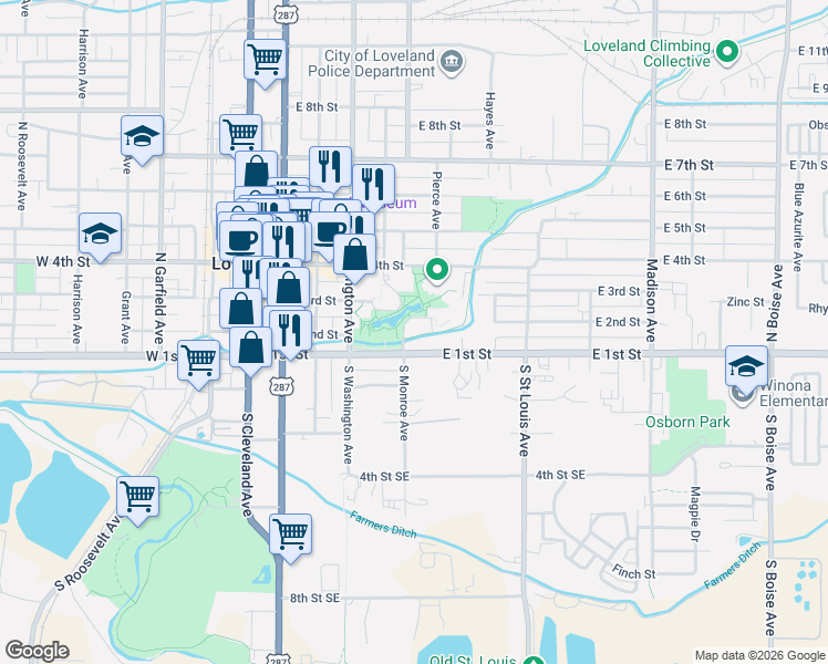map of restaurants, bars, coffee shops, grocery stores, and more near 224 Monroe Avenue in Loveland