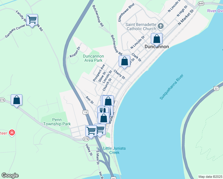 map of restaurants, bars, coffee shops, grocery stores, and more near 222 N High St in Duncannon