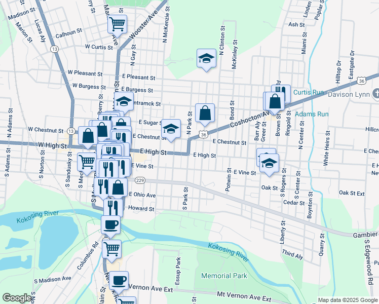 map of restaurants, bars, coffee shops, grocery stores, and more near 307 U.S. 36 in Mount Vernon