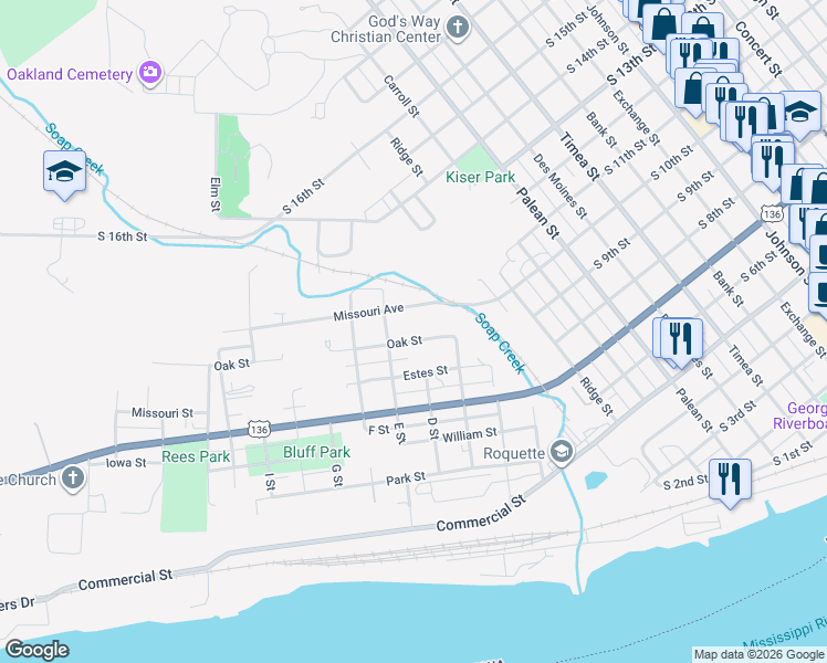 map of restaurants, bars, coffee shops, grocery stores, and more near 1306 Oak Street in Keokuk