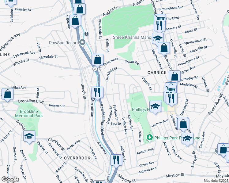 map of restaurants, bars, coffee shops, grocery stores, and more near 1951 Fairland Street in Pittsburgh