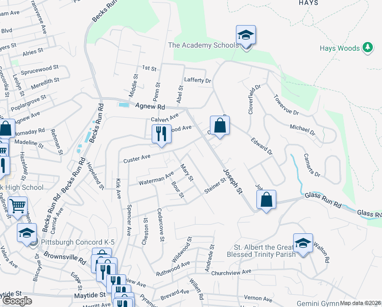 map of restaurants, bars, coffee shops, grocery stores, and more near 2824 Troit Avenue in Pittsburgh