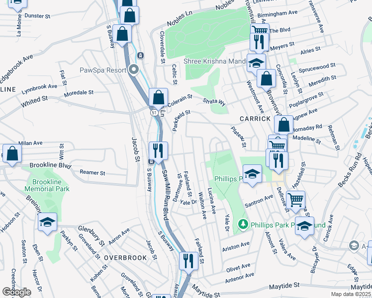 map of restaurants, bars, coffee shops, grocery stores, and more near 1951 Fairland Street in Pittsburgh