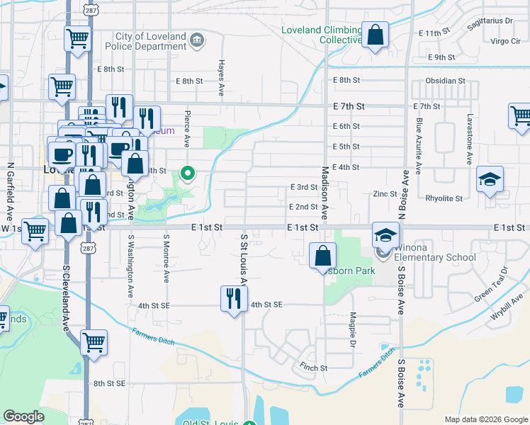 map of restaurants, bars, coffee shops, grocery stores, and more near 1118 East 2nd Street in Loveland