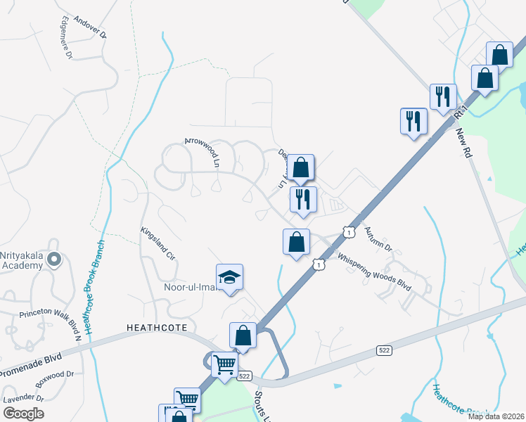 map of restaurants, bars, coffee shops, grocery stores, and more near Aspen Court in South Brunswick Township