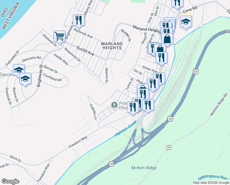 map of restaurants, bars, coffee shops, grocery stores, and more near 4132 Labelle Avenue in Weirton