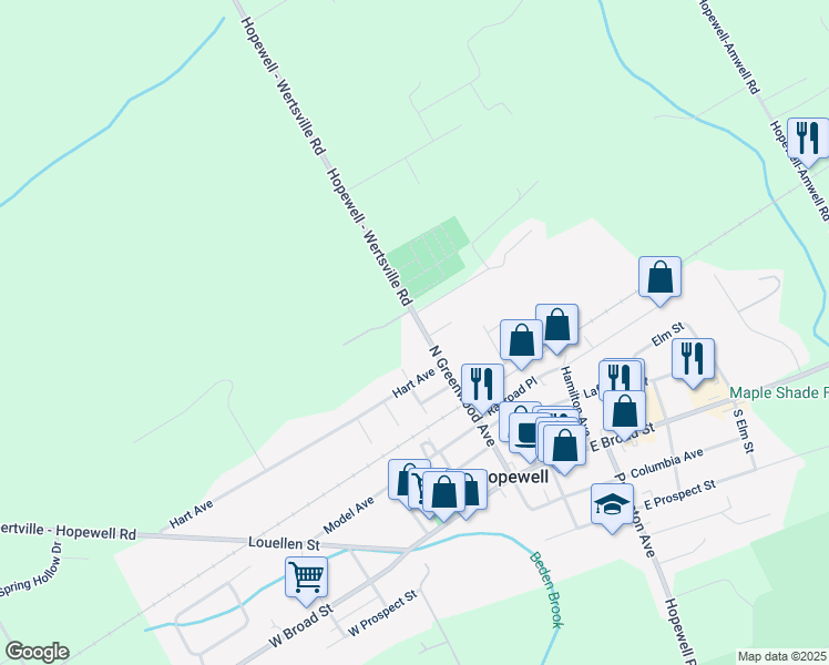 map of restaurants, bars, coffee shops, grocery stores, and more near 70 North Greenwood Avenue in Hopewell