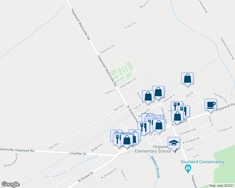 map of restaurants, bars, coffee shops, grocery stores, and more near 70 North Greenwood Avenue in Hopewell