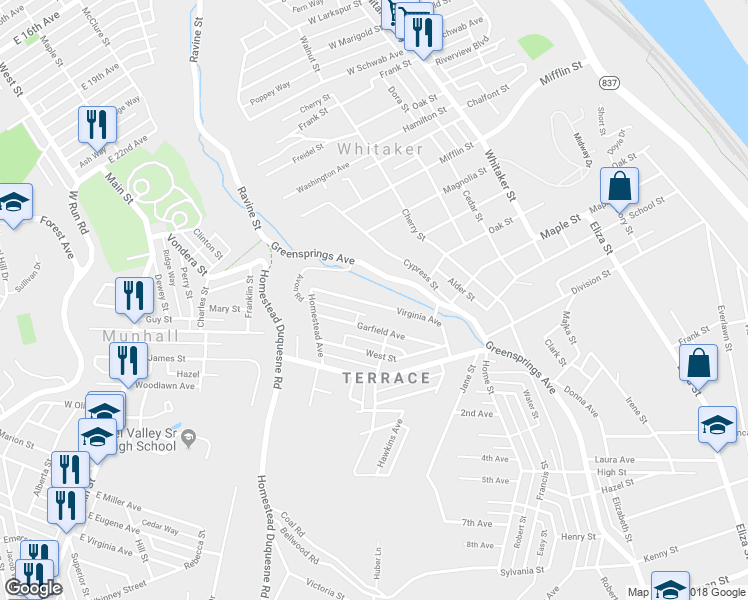map of restaurants, bars, coffee shops, grocery stores, and more near 3221 Virginia Avenue in West Mifflin