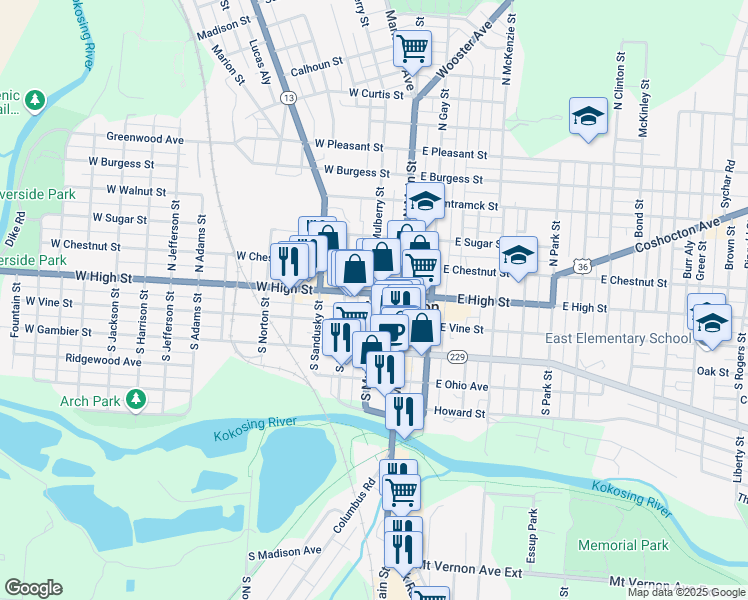 map of restaurants, bars, coffee shops, grocery stores, and more near 2 South Mulberry Street in Mount Vernon