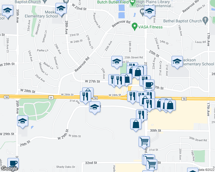 map of restaurants, bars, coffee shops, grocery stores, and more near 2495 West 28th Street in Greeley