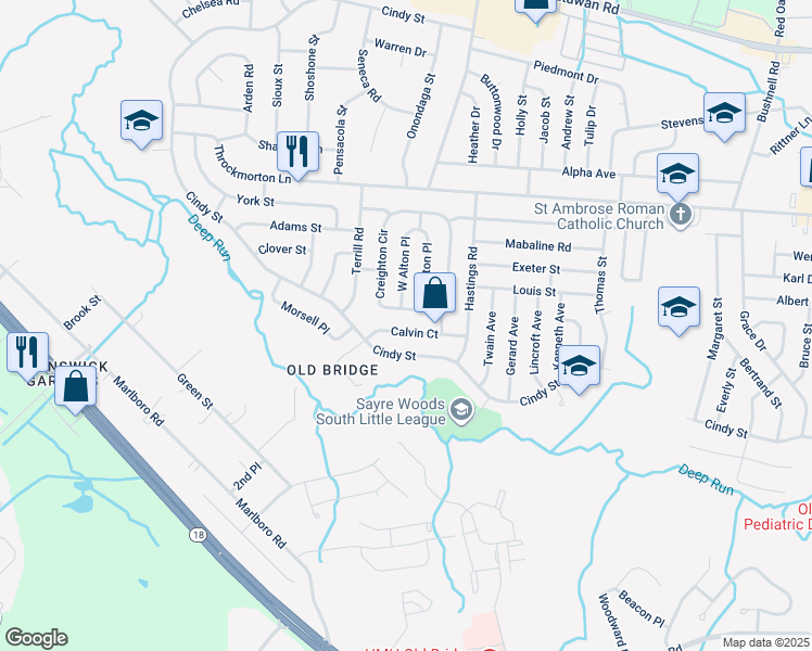 map of restaurants, bars, coffee shops, grocery stores, and more near 18 Calvin Court in Old Bridge