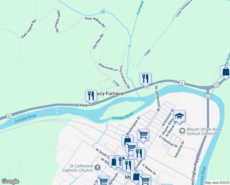 map of restaurants, bars, coffee shops, grocery stores, and more near 32 Walker Drive in Mount Union