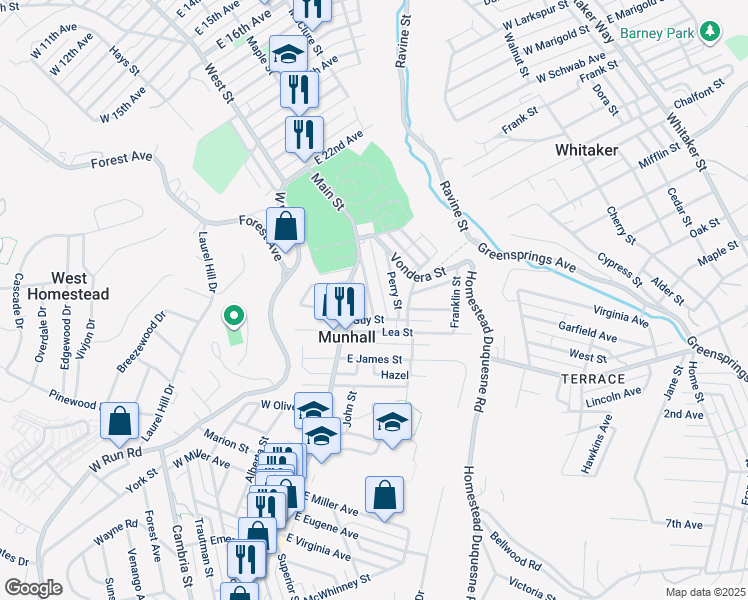 map of restaurants, bars, coffee shops, grocery stores, and more near 2441 Dewey Street in Munhall