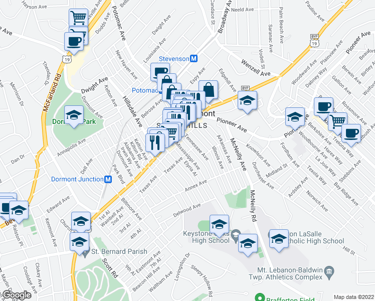 map of restaurants, bars, coffee shops, grocery stores, and more near 1300 Mississippi Avenue in Pittsburgh