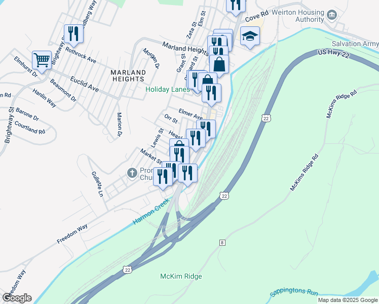 map of restaurants, bars, coffee shops, grocery stores, and more near 4014 Washington St in Weirton