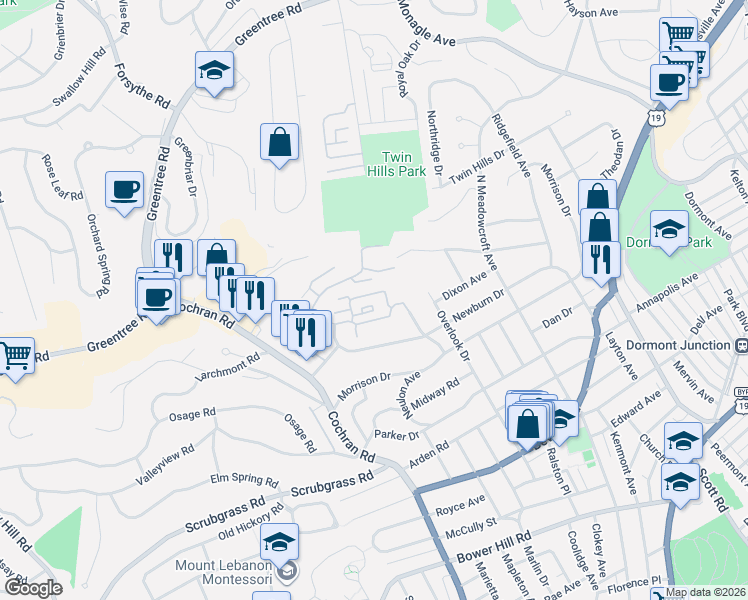 map of restaurants, bars, coffee shops, grocery stores, and more near 130 Jamestown Court in Pittsburgh
