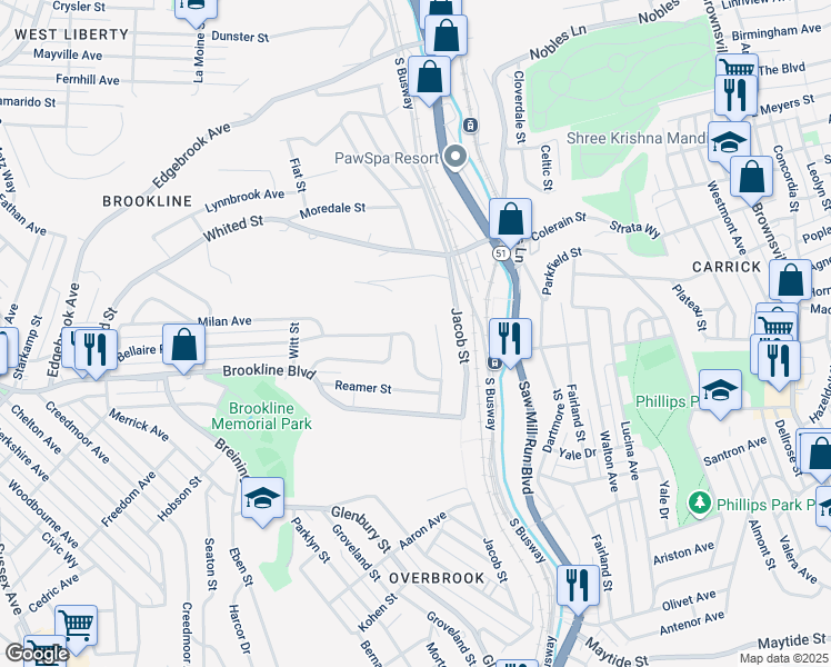 map of restaurants, bars, coffee shops, grocery stores, and more near 1627 Bellaire Place in Pittsburgh