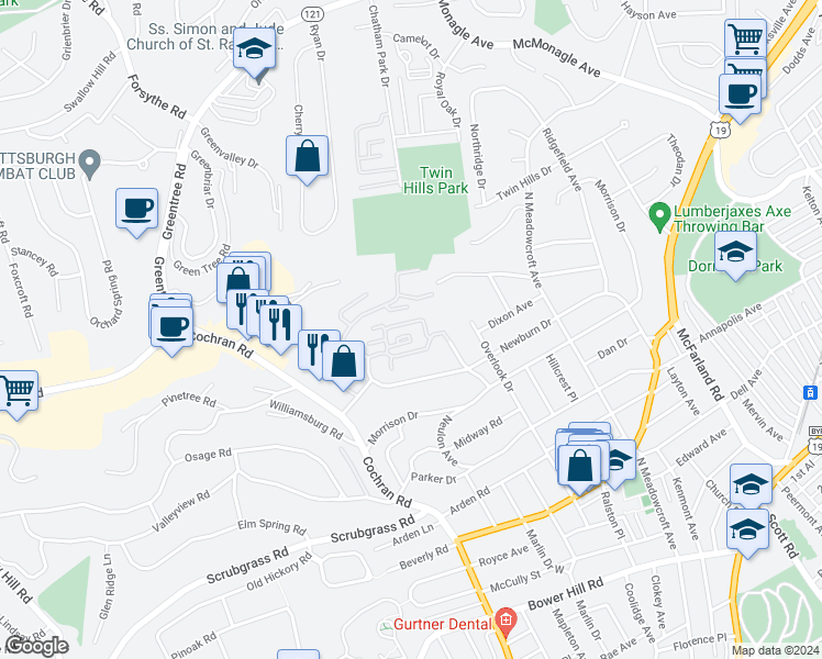 map of restaurants, bars, coffee shops, grocery stores, and more near 130 Jamestown Court in Pittsburgh