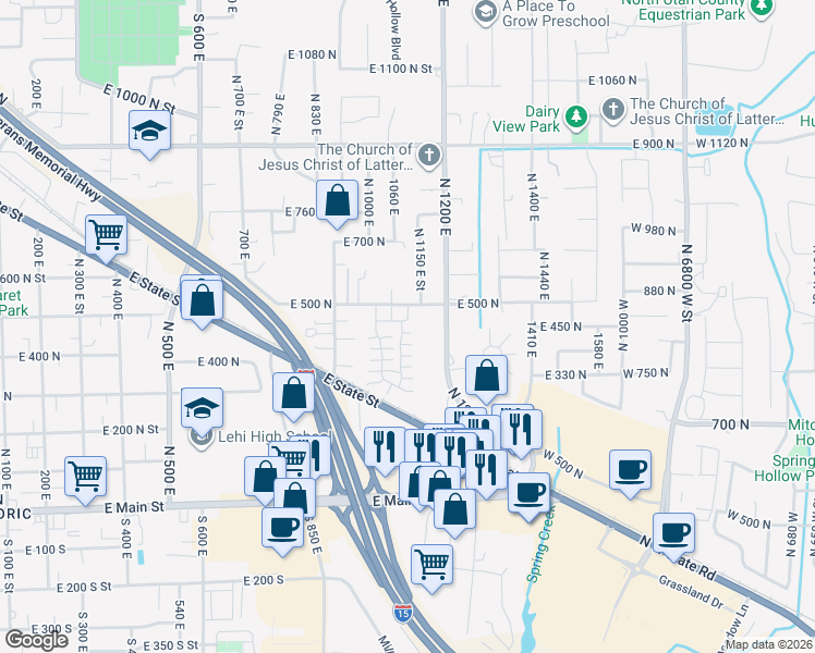 map of restaurants, bars, coffee shops, grocery stores, and more near 1188 East 500 North in Lehi