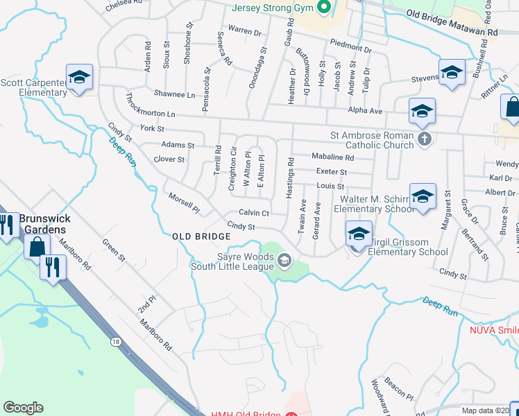 map of restaurants, bars, coffee shops, grocery stores, and more near 18 Calvin Court in Old Bridge