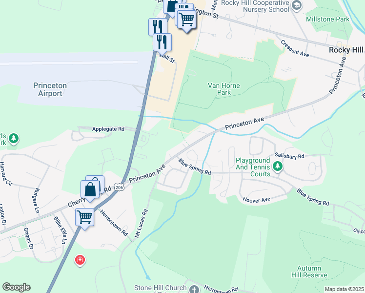 map of restaurants, bars, coffee shops, grocery stores, and more near 227 Princeton Avenue in Princeton