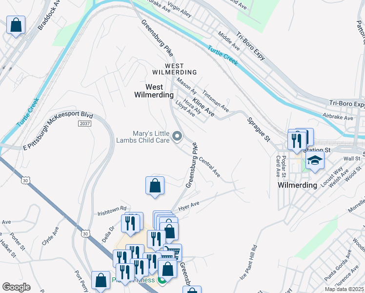 map of restaurants, bars, coffee shops, grocery stores, and more near 108 Central Avenue in North Versailles