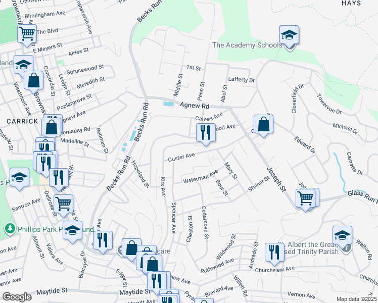 map of restaurants, bars, coffee shops, grocery stores, and more near 2717 Custer Avenue in Pittsburgh