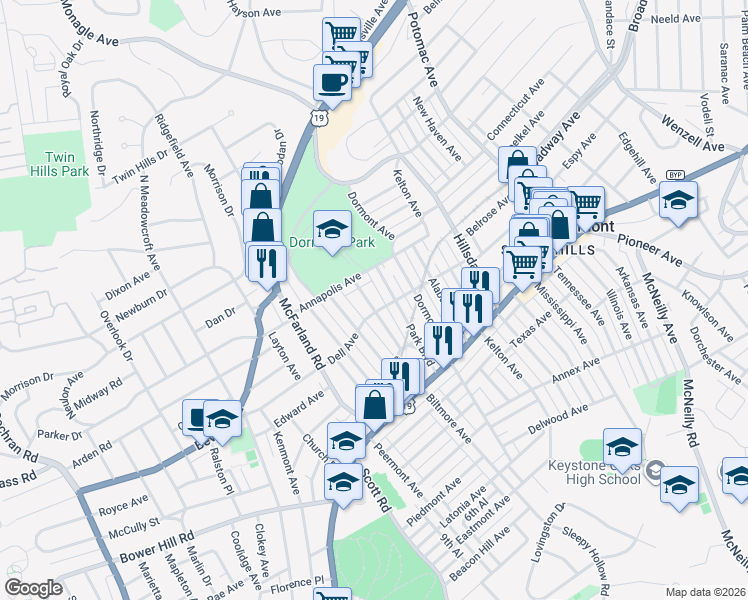 map of restaurants, bars, coffee shops, grocery stores, and more near in Dormont