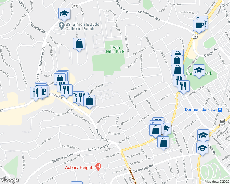 map of restaurants, bars, coffee shops, grocery stores, and more near 636 Robinwood Drive in Pittsburgh