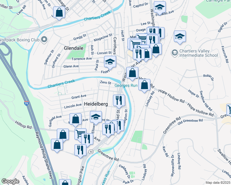 map of restaurants, bars, coffee shops, grocery stores, and more near 1600 West Railroad Street in Carnegie