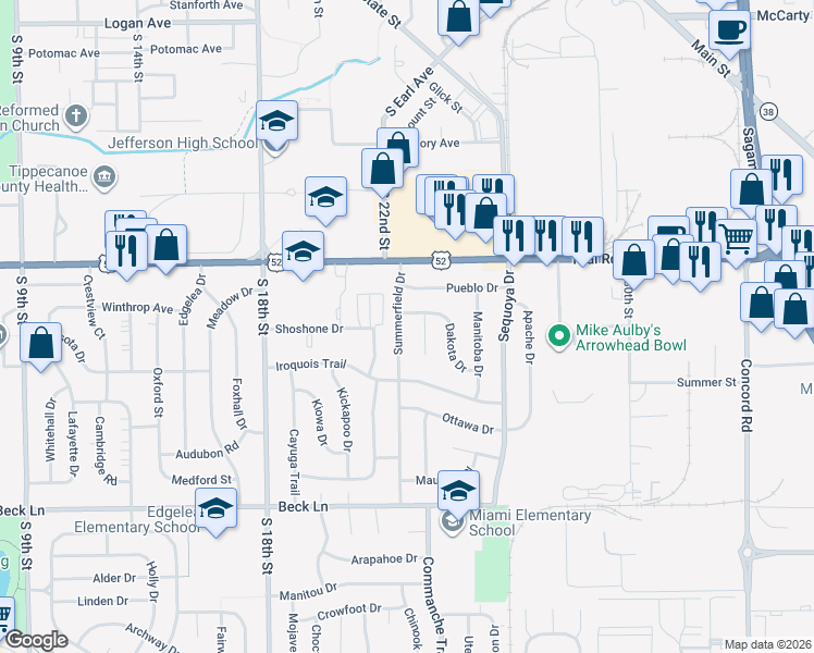 map of restaurants, bars, coffee shops, grocery stores, and more near 2303 Summerfield Drive in Lafayette